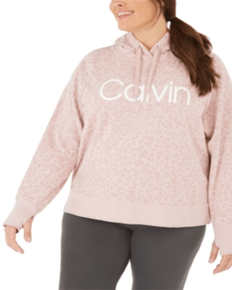 Front of a model wearing a size 3X Calvin Klein Women's Plus Animal Print Hooded Sweatshirt Pink Size 3X in Pink by Calvin Klein. | dia_product_style_image_id:313672